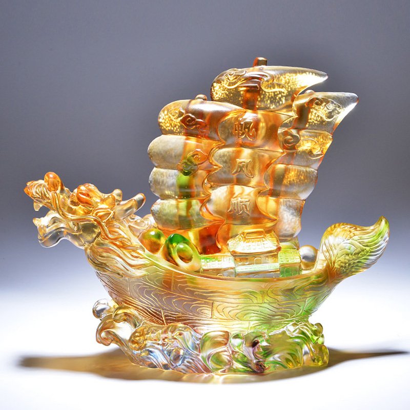 Luxury Colored Glaze Sailboat Lucky Figurine Treasure Ship Fengshui Energy Gifts Smooth Sailing Chinese Dragon Boat