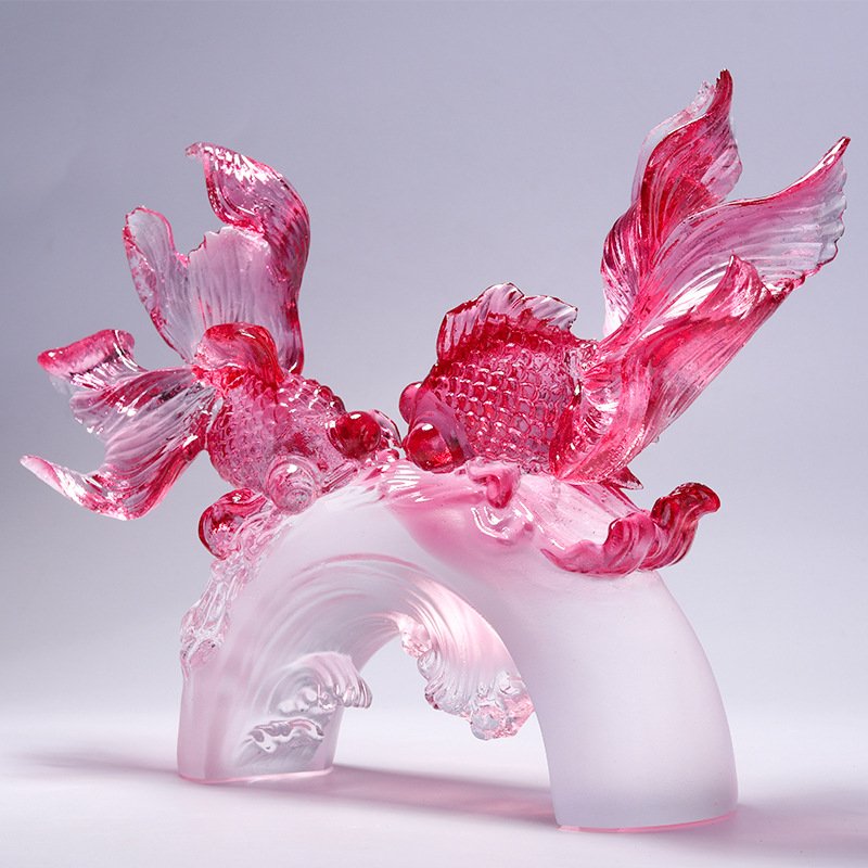 Crystal Fish Figurine Flourishing Sculpture Goldfish Colored Glaze Decorative Ornaments