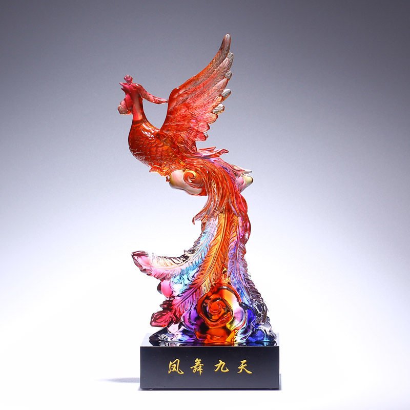 Colored Glaze Phoenix Figurine Crystal Colorful God Fire Bird Dance Fly High Wonder Statue Business Gift