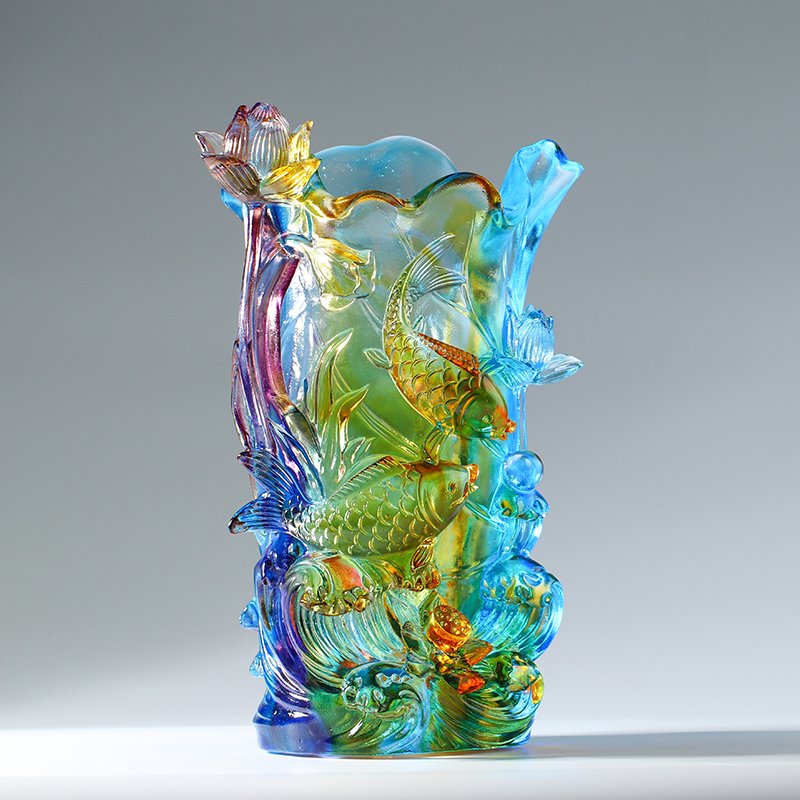 Luxury 3D Glass Vase Vivid Fish Lotus Flower Table Home Garden Crystal Crafts Signify Fortune Richer Surplus