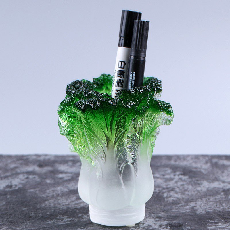 Superior Quality Study Desktop Pen Holder Genuine Liuli Cabbage Box Business Gift Auspicious Decor