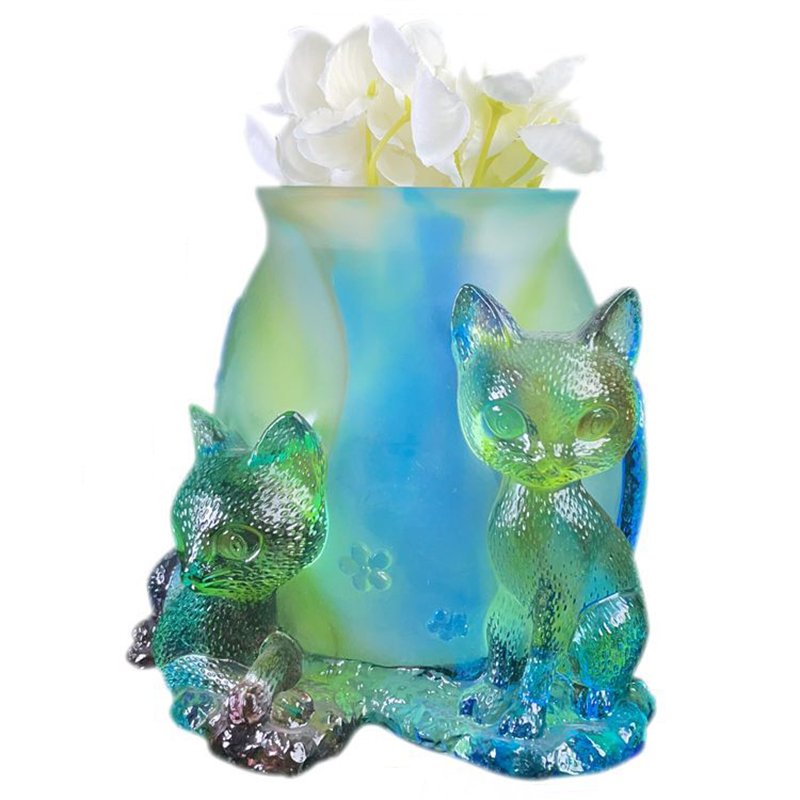 Lovely Small Kitty Colored Glaze Vase Little Cute Cat Crystal Flower Holder Beautiful Butterfly Ormaments