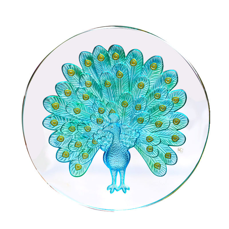 Decent Home Decor Crystal Ornamental Plate Peacock Artistic Scenery Coffee Cup Set Table Tray Wine Bottles Base