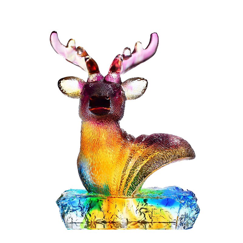 Beautiful Liuli Creative Lucky Deer Head Glass Ornaments Crystal Craft Home Furnishing for Decoration Office Desktop Figurine
