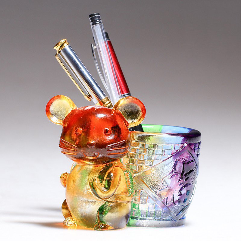 Lovely Crystal Lucky Mouse Pen Holder Birthday Gift for Year of Rat Desktop Ornament