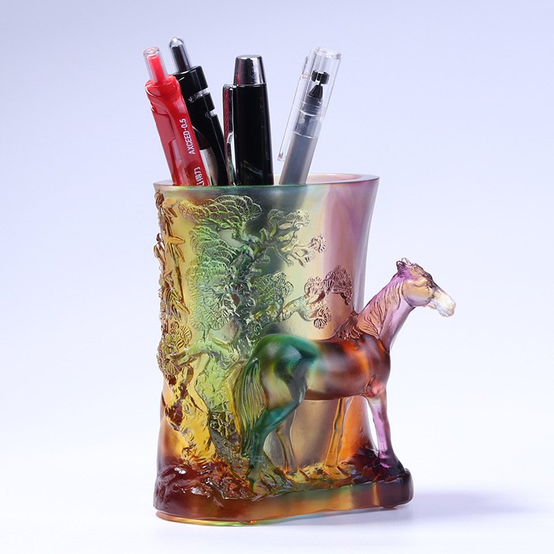 Luxury Bussiness Gift Crystal Pen Holder Colored Glaze Tabletop Organizer Desktop Horse Model Figurine Brush Pot