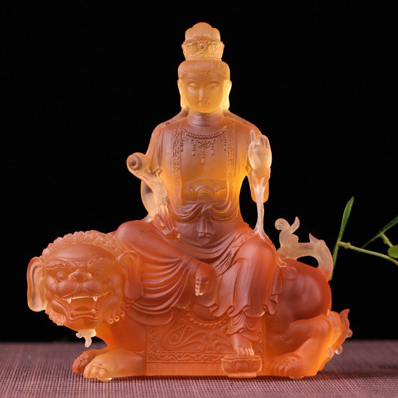 Handcrafted Crystal Liuli Samantabhadra Manjusri Bodhisattva Buddhist Statue Fengshui Home Auspicious Buddha Sculpture