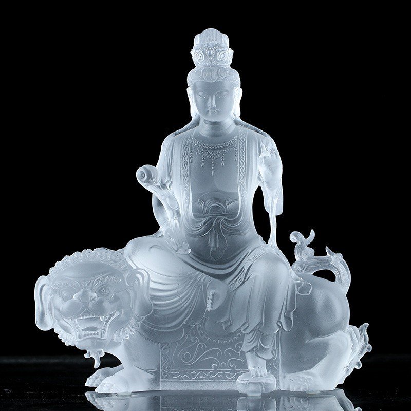 Handcrafted Crystal Liuli Samantabhadra Manjusri Bodhisattva Buddhist Statue Fengshui Home Auspicious Buddha Sculpture - Image 4