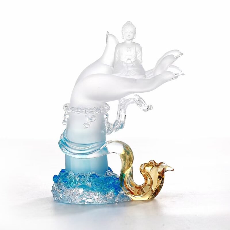 High Quality Crystal Liuli Buddha Hand Base Sitting Buddha Sculpture Glitter Healing Birthday Gift