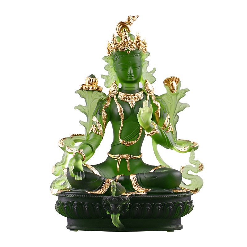 Handmade Liuli Glass Green Bodhisattva Tara Buddha Statue Ancestral Hall Zen Desktop Fengshui Ornament