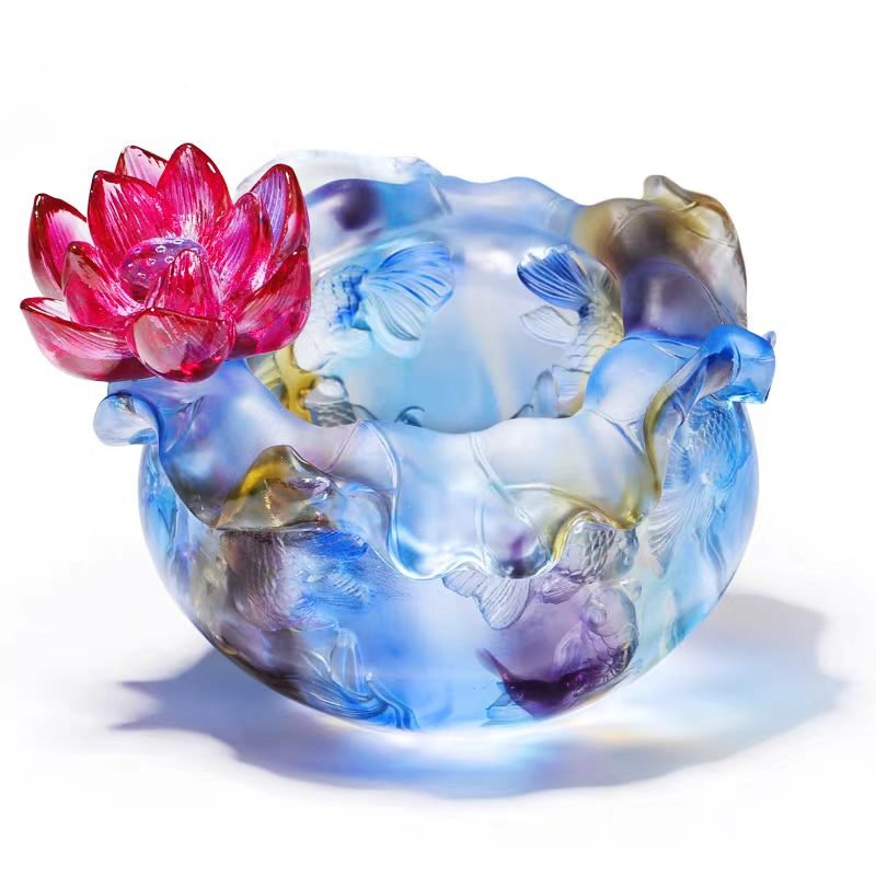 Luxury Fishes Play Around Lotus Flower Table Treasure Bowl Living Room Decor Home Crystal Crafts Signify Fortune Richer Surplus