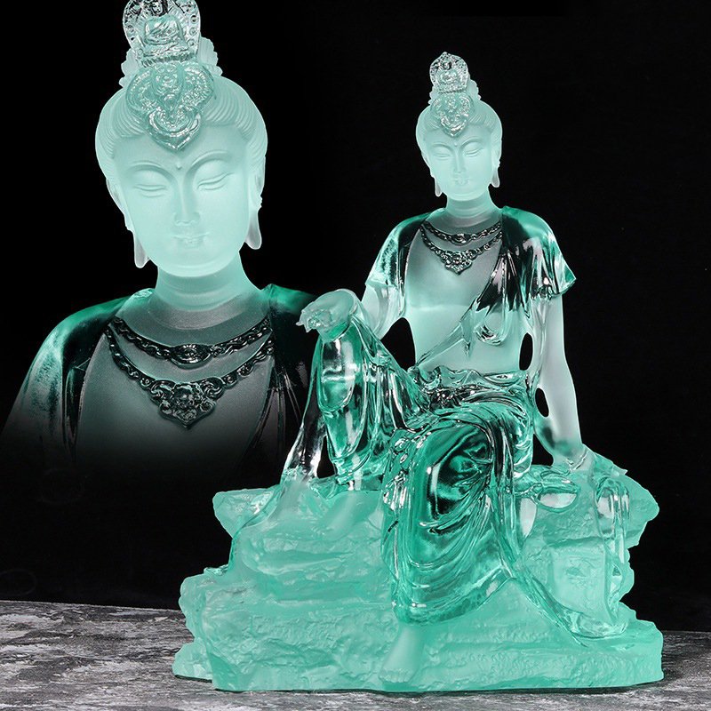 Large Guan Yin Sitting Statue Crystal Liuli Buddha Statue Meditation Zen Desktop Decoration Kwan Yin Prayer Gift