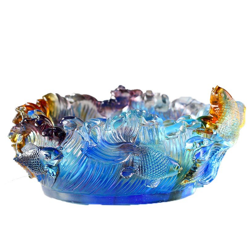 Luxury Colored Glaze 6 Fishes Swim in Water Sculpture Model Crystal Fruit Candy Bowl Symbolize All goes well New Home Gift