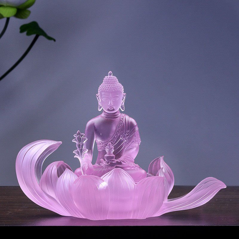 Colored Glaze Medicine Buddha Statue with Beautiful Lotus Base Temple Countertop Decoration Crystal Lotus Crafts Sculpture - Image 5