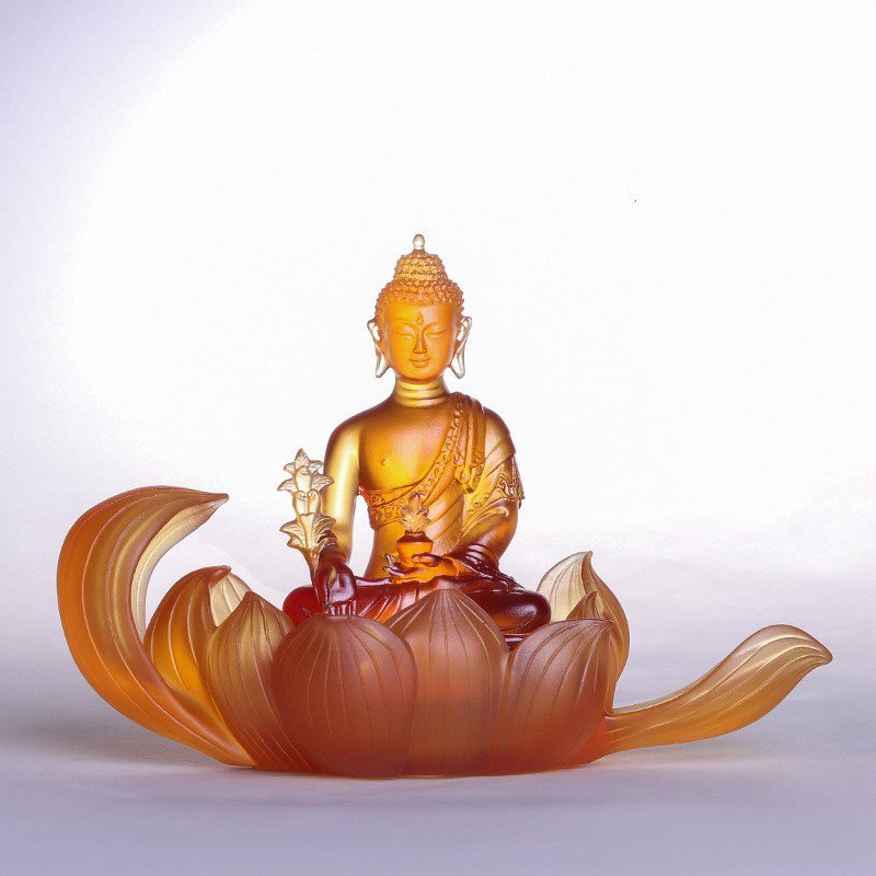 Colored Glaze Medicine Buddha Statue with Beautiful Lotus Base Temple Countertop Decoration Crystal Lotus Crafts Sculpture