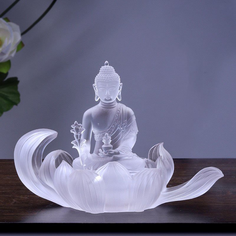 Colored Glaze Medicine Buddha Statue with Beautiful Lotus Base Temple Countertop Decoration Crystal Lotus Crafts Sculpture - Image 4