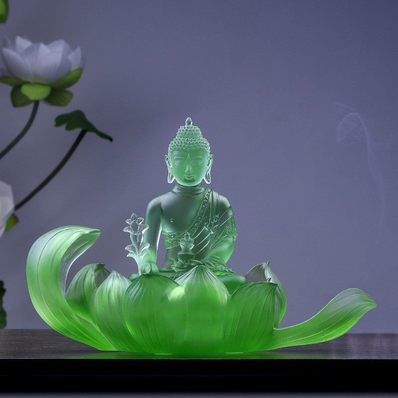 Colored Glaze Medicine Buddha Statue with Beautiful Lotus Base Temple Countertop Decoration Crystal Lotus Crafts Sculpture - Image 3