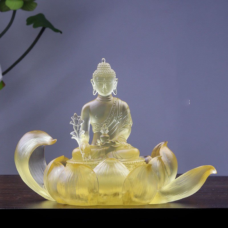 Colored Glaze Medicine Buddha Statue with Beautiful Lotus Base Temple Countertop Decoration Crystal Lotus Crafts Sculpture - Image 7