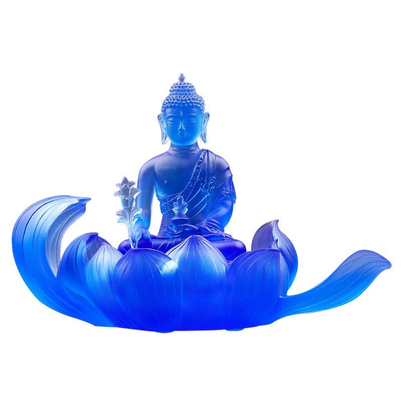 Colored Glaze Medicine Buddha Statue with Beautiful Lotus Base Temple Countertop Decoration Crystal Lotus Crafts Sculpture - Image 2