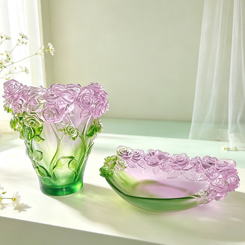 Handmade Creative Brilliant Home Decoration Luxury Crystal Glass Vase Embossed Rose Fruit Tray Bowl Glassware Glazed Plate