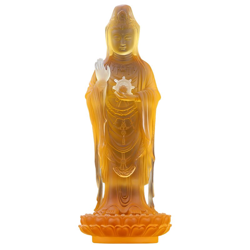 Home Family Shop Protection Bless Safety Health High Guanyin Buddha Stand Crystal Liuli Statue