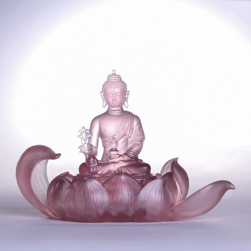 Colored Glaze Medicine Buddha Statue with Beautiful Lotus Base Temple Countertop Decoration Crystal Lotus Crafts Sculpture - Image 6