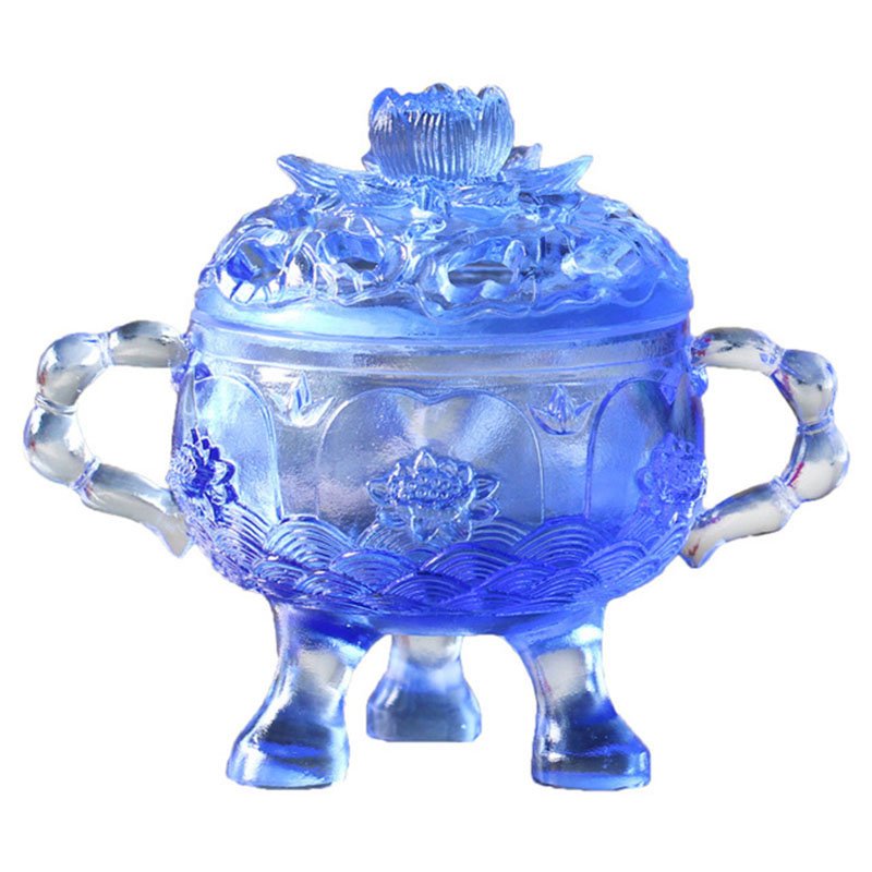 Lotus Flower Censer with Lid Buddhism Prayer Incense Burner Eastern Home Crystal Craft Decor