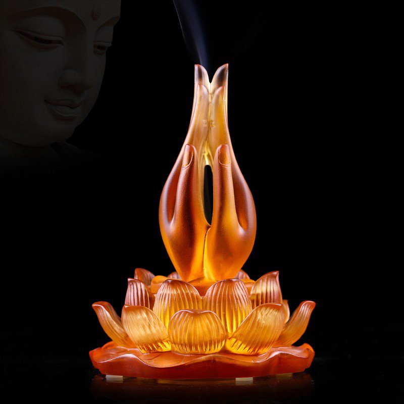 Crystal Glass Lotus Flower Buddha's Hand Lid Incense Burner Censer Home Decoration Prayer