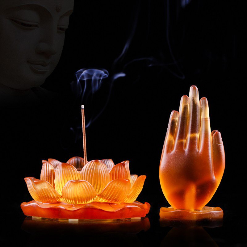 Crystal Glass Lotus Flower Buddha's Hand Lid Incense Burner Censer Home Decoration Prayer - Image 2